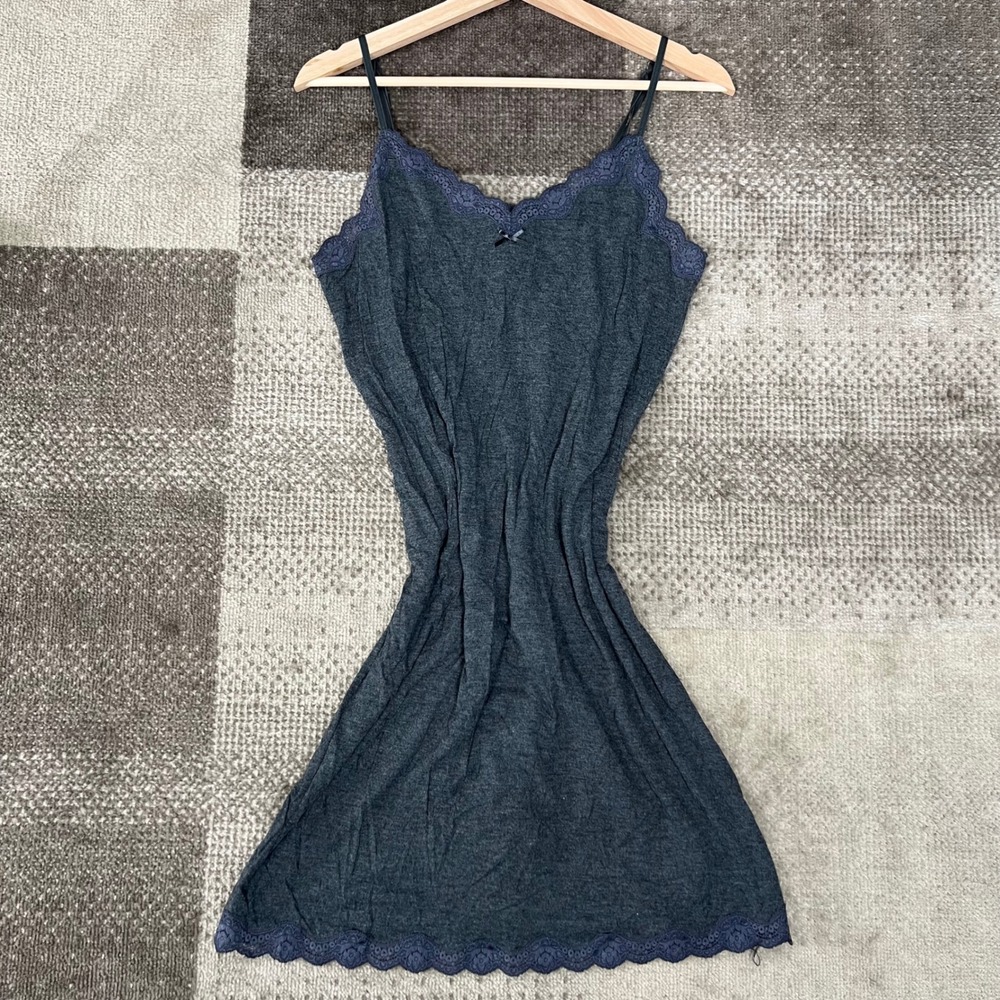 Y2K Gap Body Womens Charcoal Grey Lace Trim Cami Nightgown Chemise Dress M